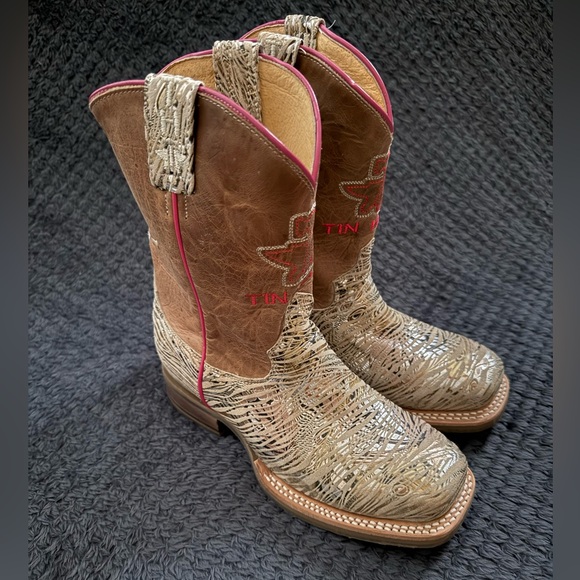 Tin Haul Kids Cowboy Boots Golden Tiger Hear Me Roar Brown Cream w Pink Accents - Picture 3 of 11